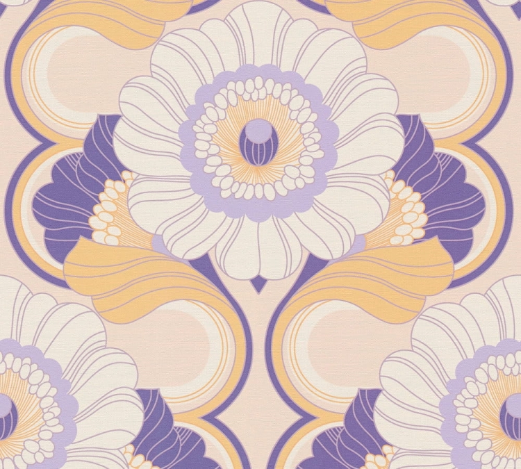 Retro Chic 39530-3 Tapeta ścienna AS Kwiaty pomarańczowe fioletowe ecru