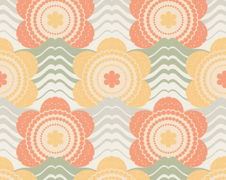 Retro Chic 39539-4 Tapeta ścienna AS Kwiatki pomarańczowe szałwiowe żółte