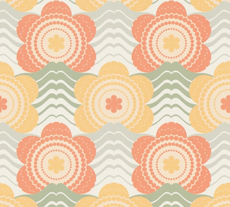 Retro Chic 39539-4 Tapeta ścienna AS Kwiatki pomarańczowe szałwiowe żółte