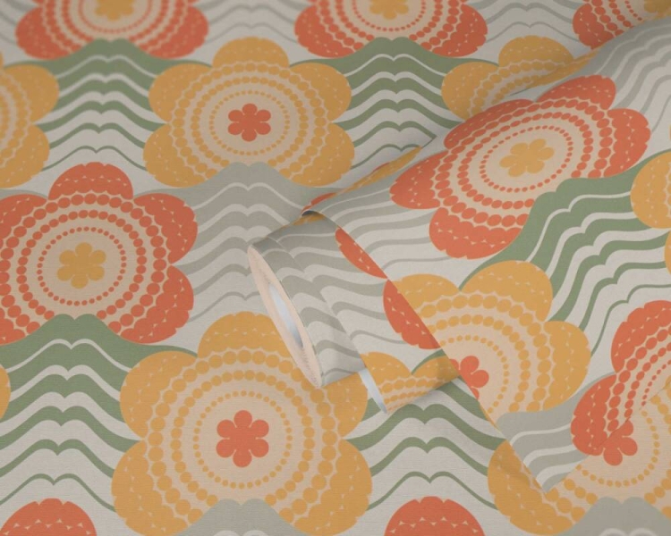 Retro Chic 39539-4 Tapeta ścienna AS Kwiatki pomarańczowe szałwiowe żółte