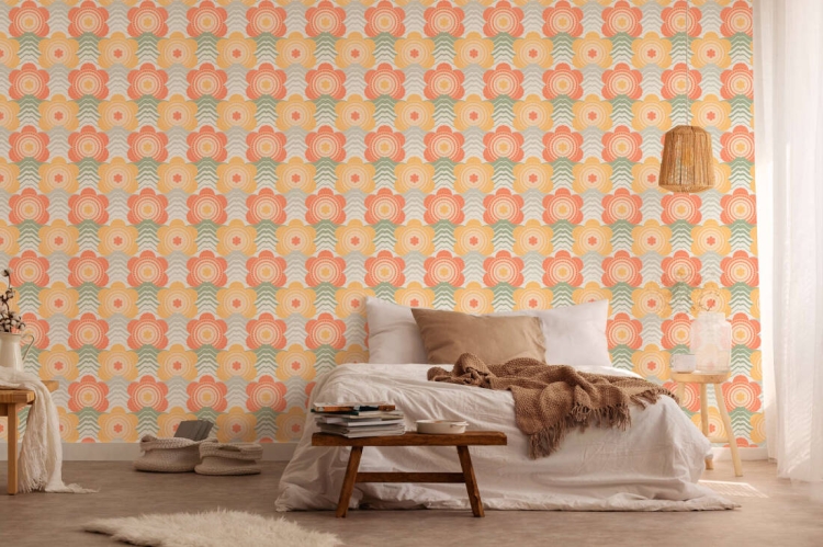 Retro Chic 39539-4 Tapeta ścienna AS Kwiatki pomarańczowe szałwiowe żółte