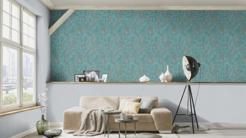 Tapeta ścienna na flizelinie jasnoturkusowa turkusowa złota beton tynk 10273-18