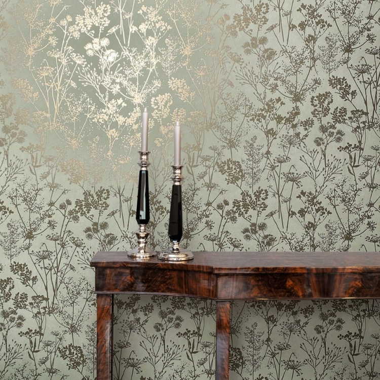 Tapeta ścienna na flizelinie 82465 Novamur Mona wzór roślinny, kwiaty zielony, złoty aranżacja