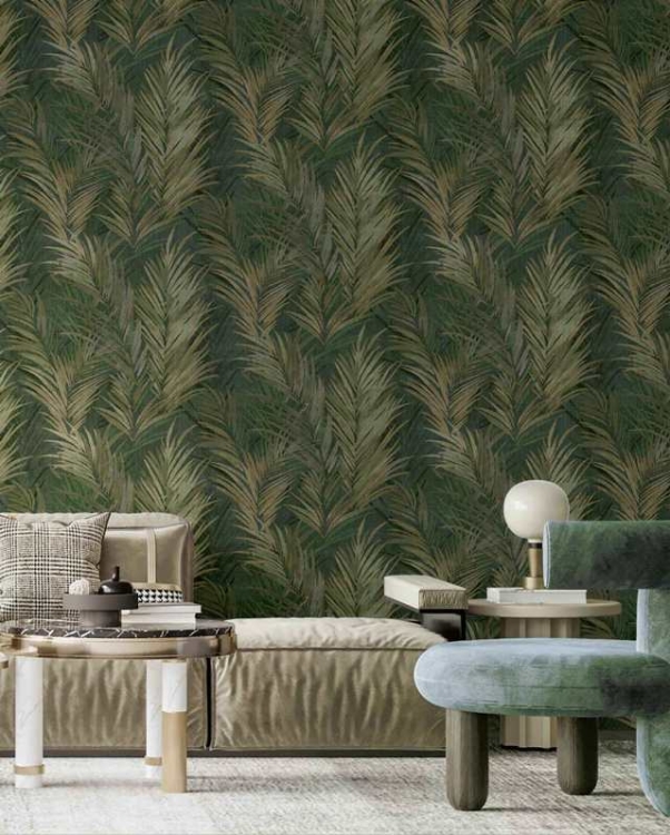 Tapeta ścienna na flizelinie 43815 Cristiana Masi Terra palmy, liście złoty patynowy czarny, aranżacja
