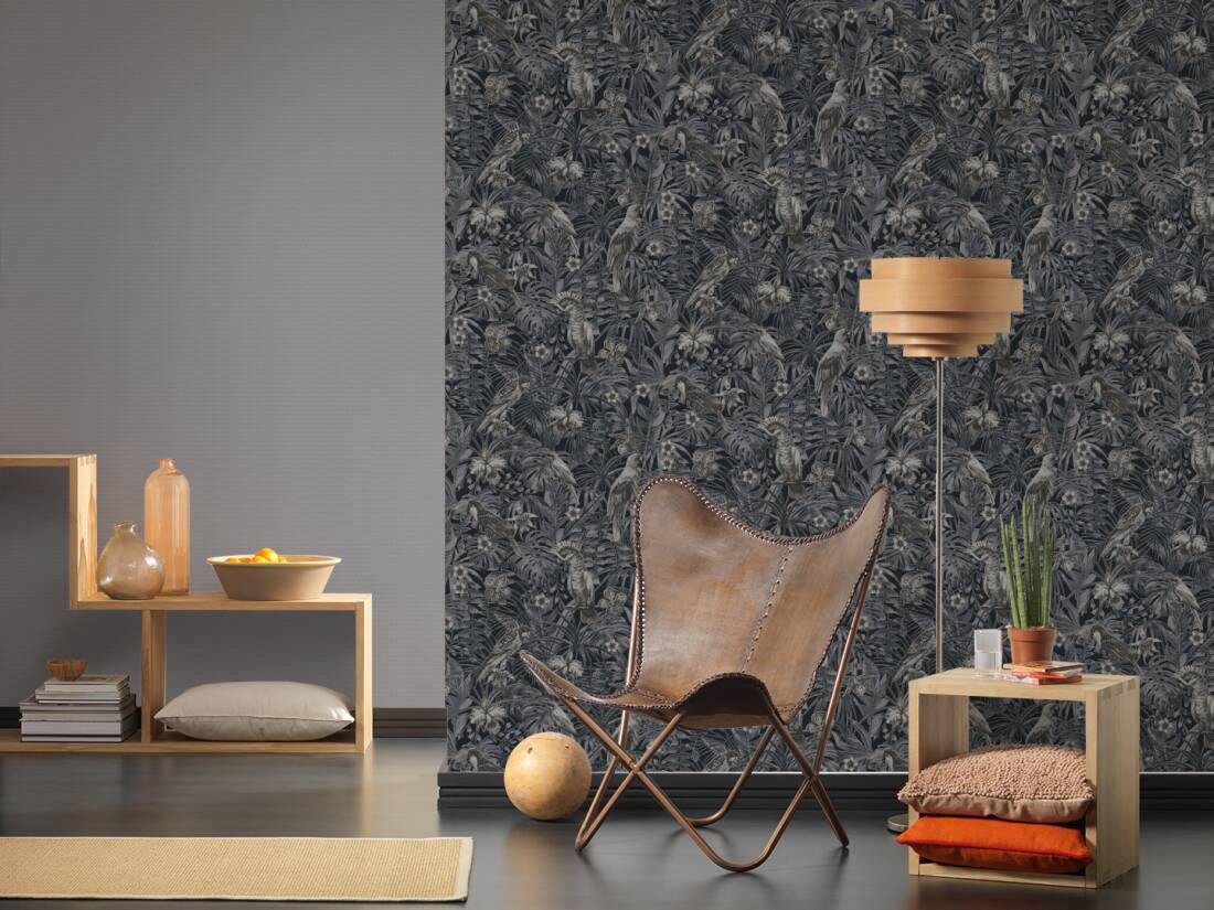 Tapeta w liście, paprocie, ptaki, papugi ara