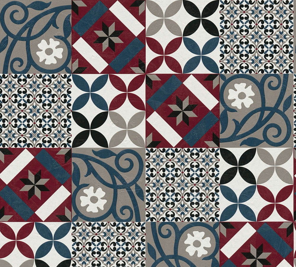 Tapeta New Life 37684-4 tapeta ścienna na flizelinie, do kuchni, kafle, kafelki, decor, szary, bordowy, wzór marokański