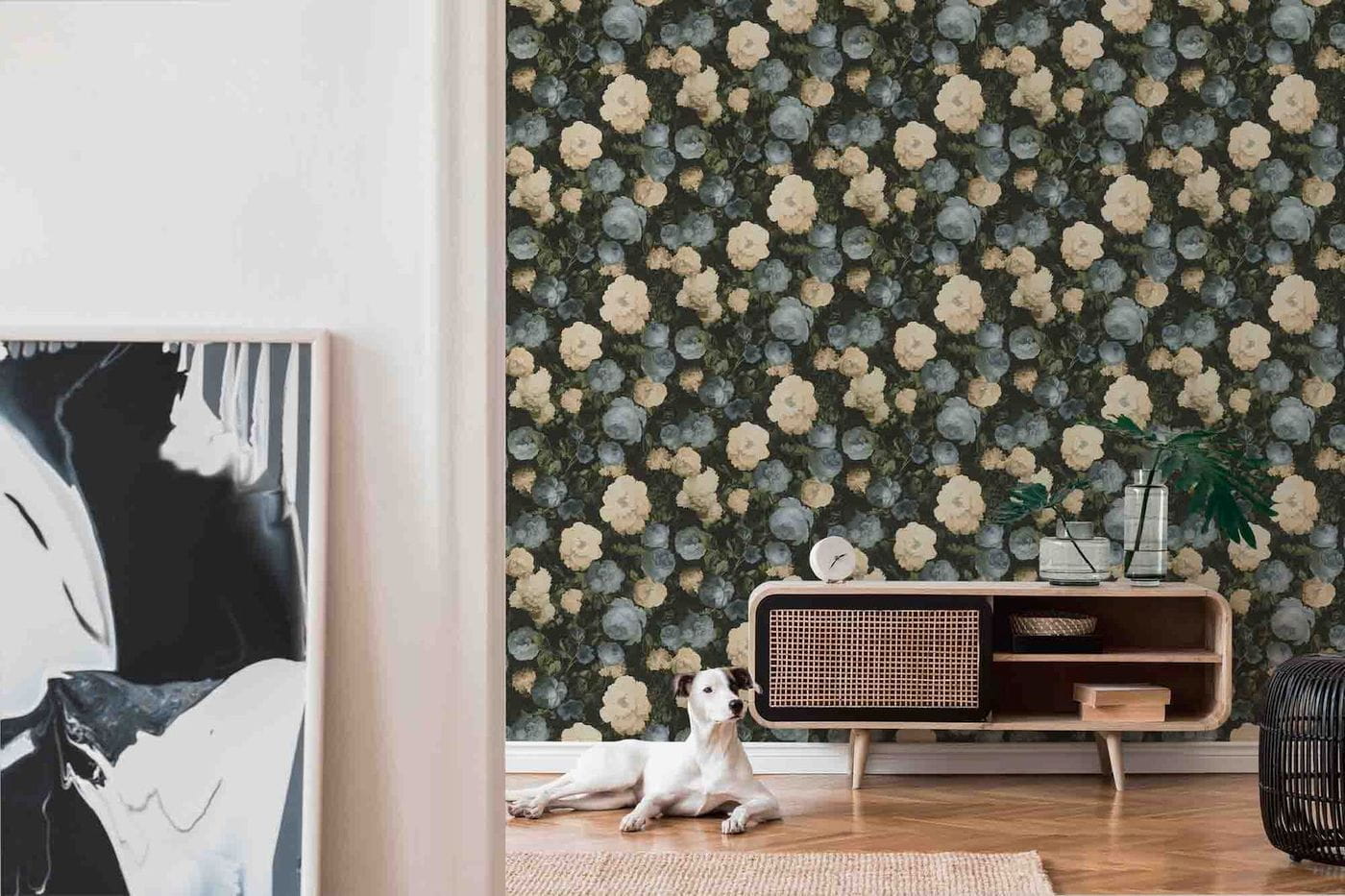 Tapeta AS History of Art 37650-2, tapeta ścienna, kwiaty, róże, lilaki, jak obraz, kremowy, turkusowy, czarny, zielony