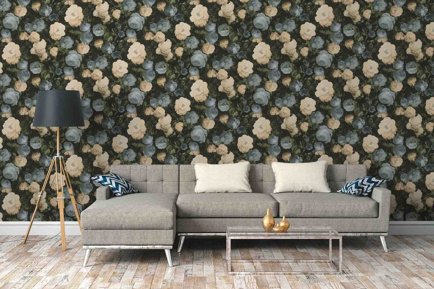 Tapeta AS History of Art 37650-2, tapeta ścienna, kwiaty, róże, lilaki, jak obraz, kremowy, turkusowy, czarny, zielony