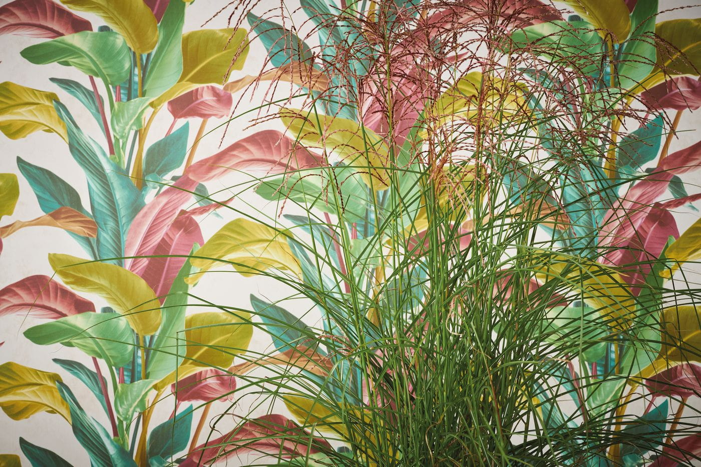 Tapeta ścienna w duże liście, palmy, AS Metropolitan Stories 37862-1, różowe, zielone, butelkowa