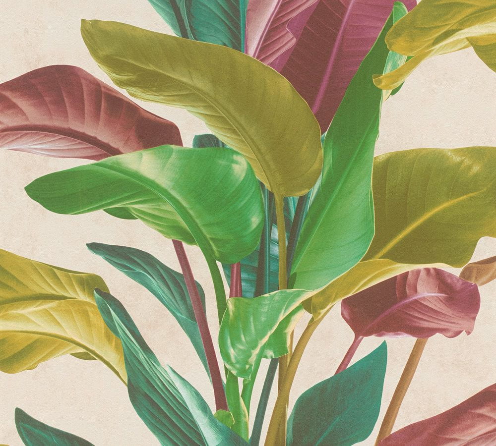 Tapeta ścienna w duże liście, palmy, AS Metropolitan Stories 37862-1, różowe, zielone, butelkowa