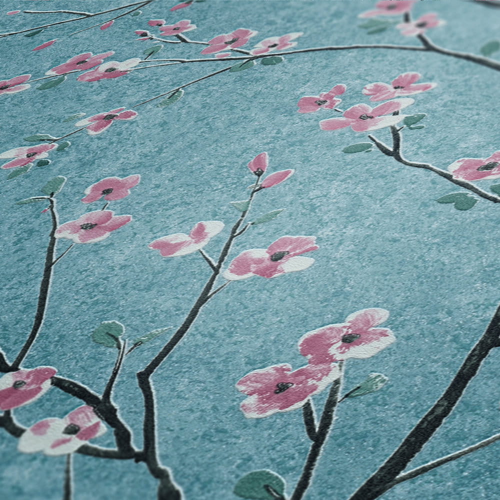 Tapeta AS Metropolitan Stories 2 37912-3, tapeta w drzewka, małe kwiatki wiśni, różowe, turkusowe