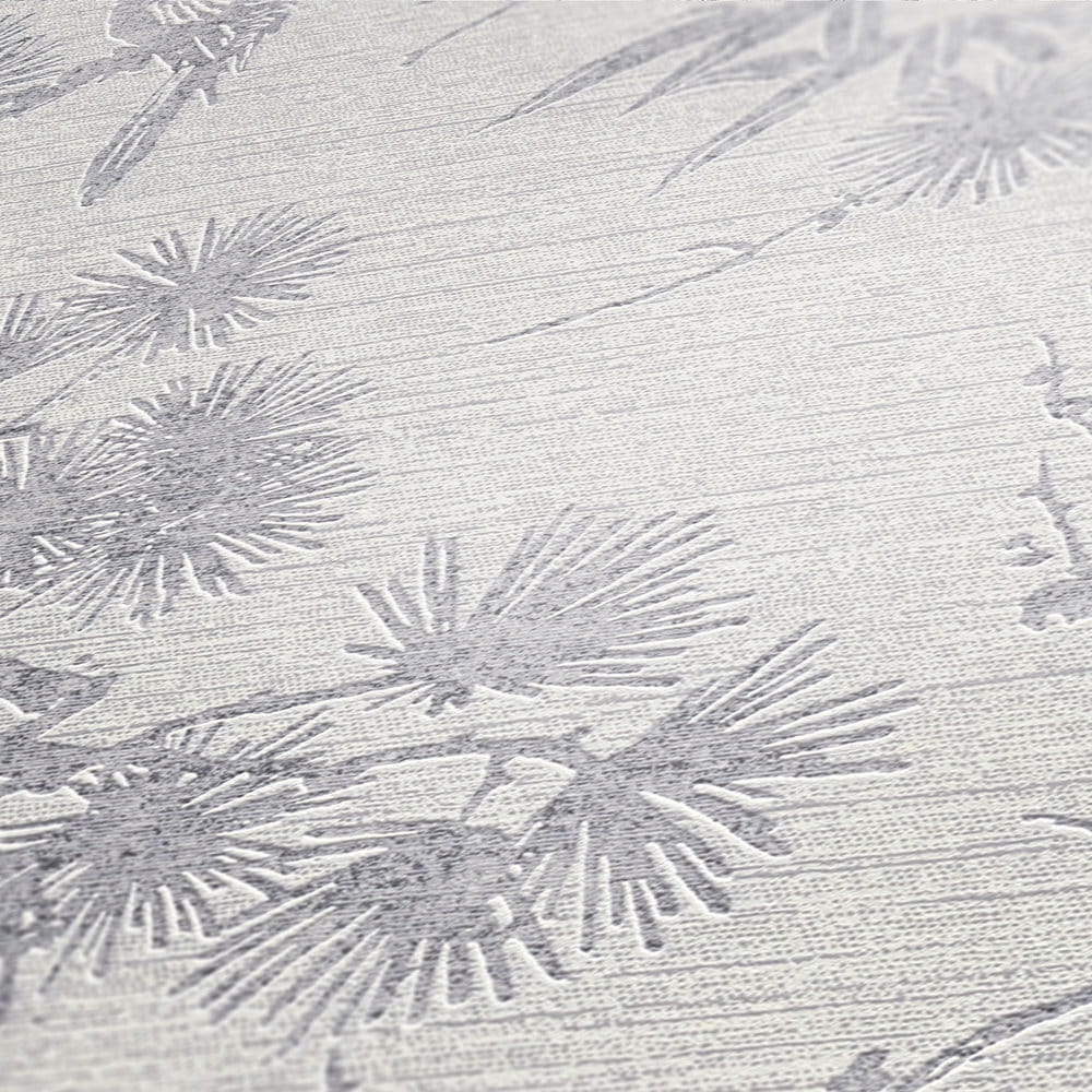 Tapeta ścienna w drzewka, krzewy, ptaki, AS Metropolitan Stories 37867-3 biało-srebrna