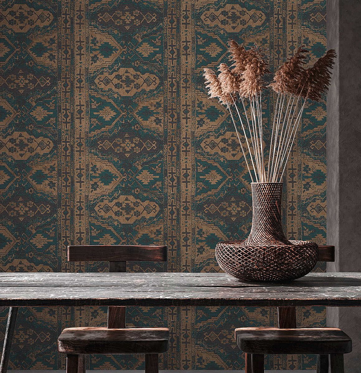 Metropolitan Stories 2 378682 Tapeta ścienna AS, tapeta wzór marokański dywan, koc, turkusowy, brązowy