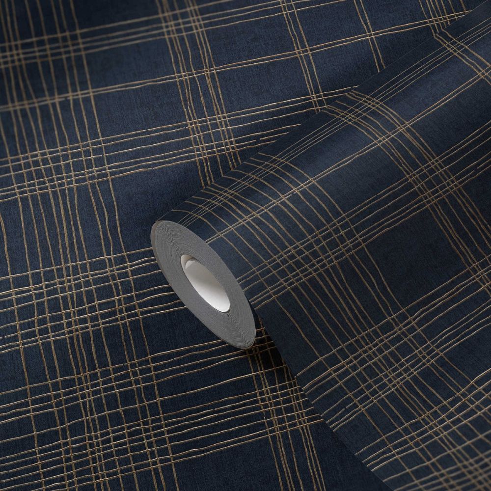 Tapeta ścienna AS Metropolitan Stories 37919-4, granatowa-złoty wzór geometryczny, krata