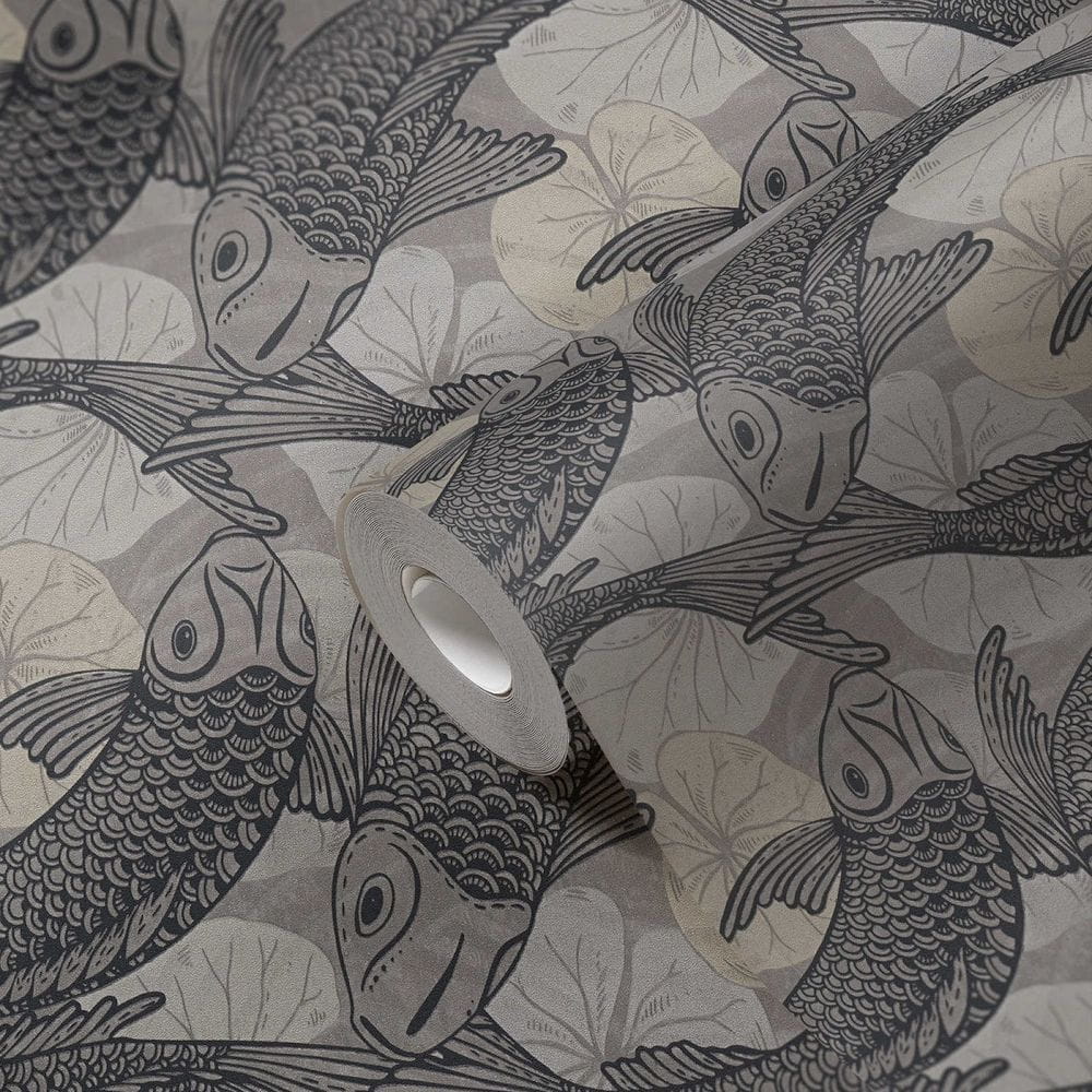 Tapeta ścienna w rybki koi, AS Metropolitan Stories 37859-3 czarno-srebrna