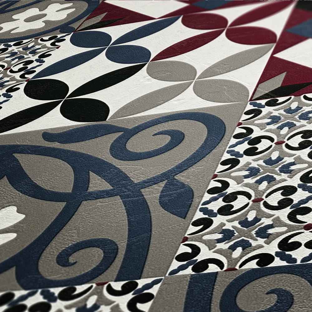 Tapeta New Life 37684-4 tapeta ścienna na flizelinie, do kuchni, kafle, kafelki, decor, szary, bordowy, wzór marokański