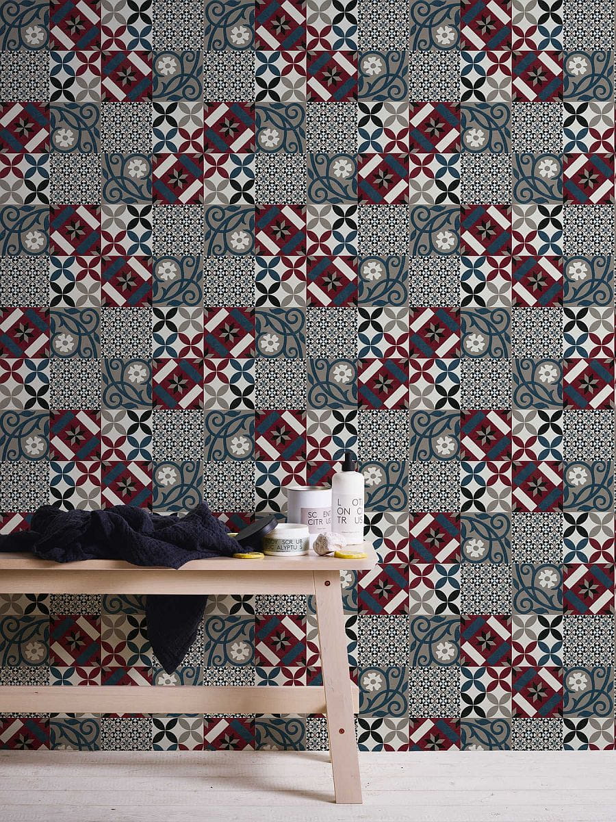 Tapeta New Life 37684-4 tapeta ścienna na flizelinie, do kuchni, kafle, kafelki, decor, szary, bordowy, wzór marokański