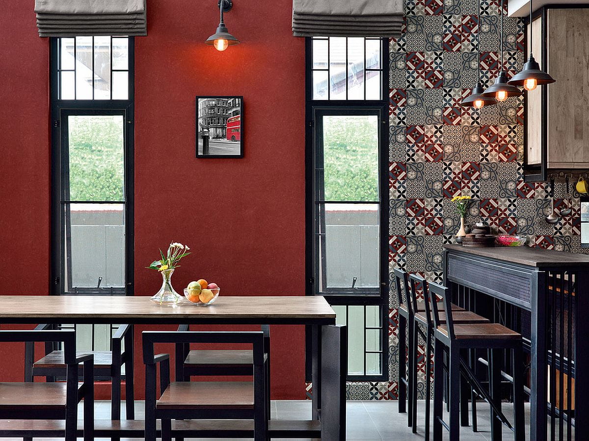 Tapeta New Life 37684-4 tapeta ścienna na flizelinie, do kuchni, kafle, kafelki, decor, szary, bordowy, wzór marokański