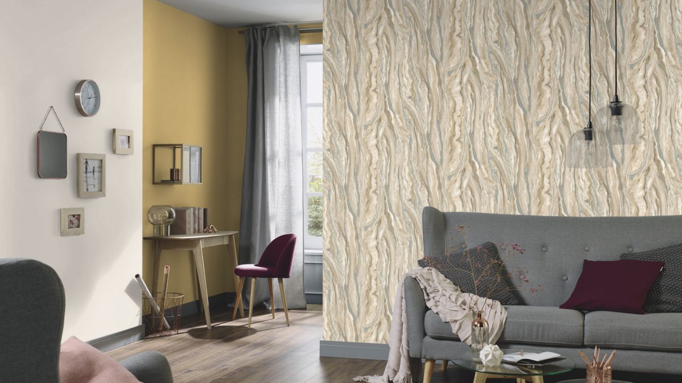 Tapeta Elle 10149-02 Erismann na flizelinie piaskowo-srebrny marmur, imitacja naturalnego marmuru