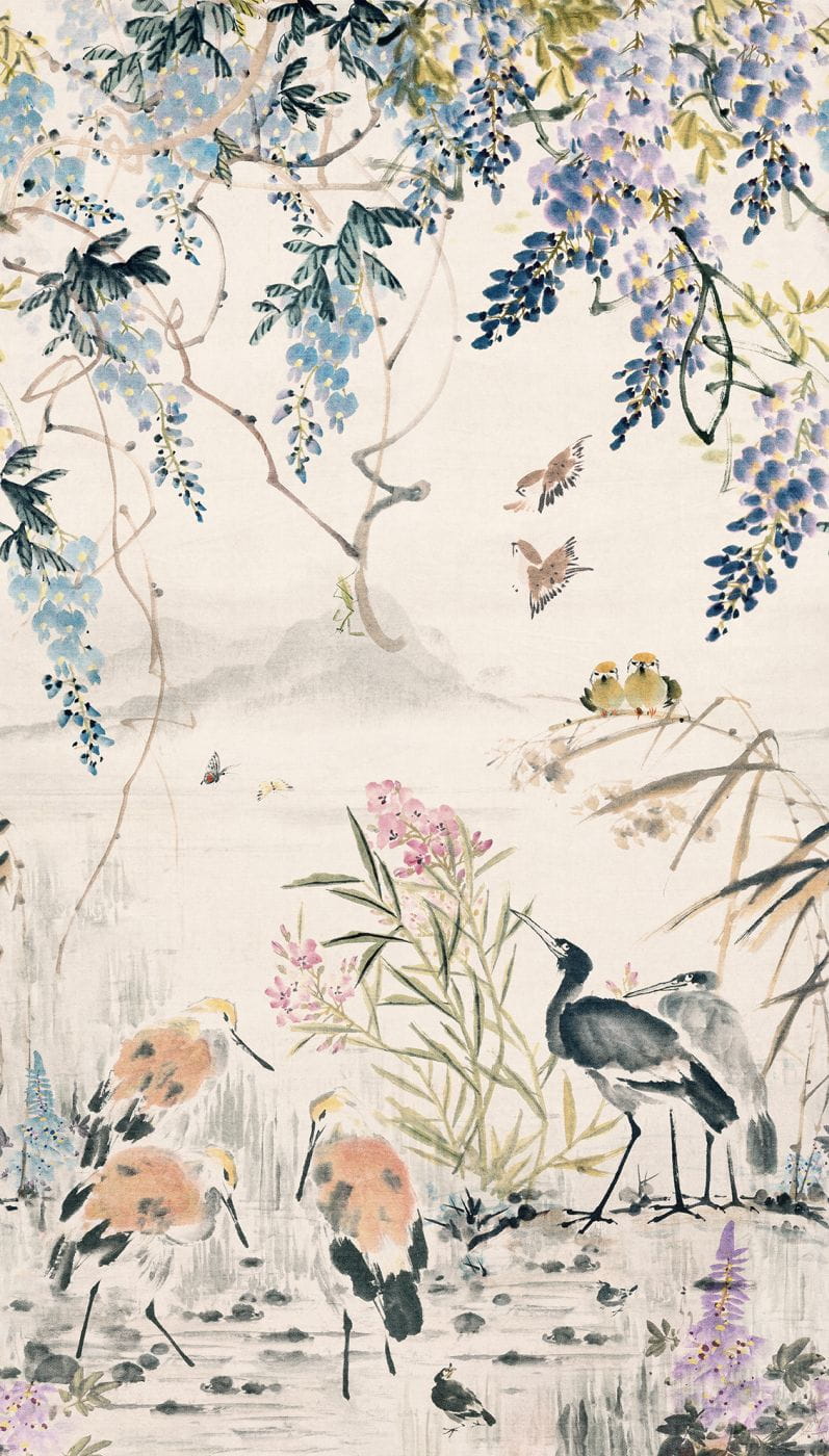 Tapeta ścienna Japanese Garden – pejzaż z ptakami i kwitnącymi gałęziami | Styl orientalny, botaniczny