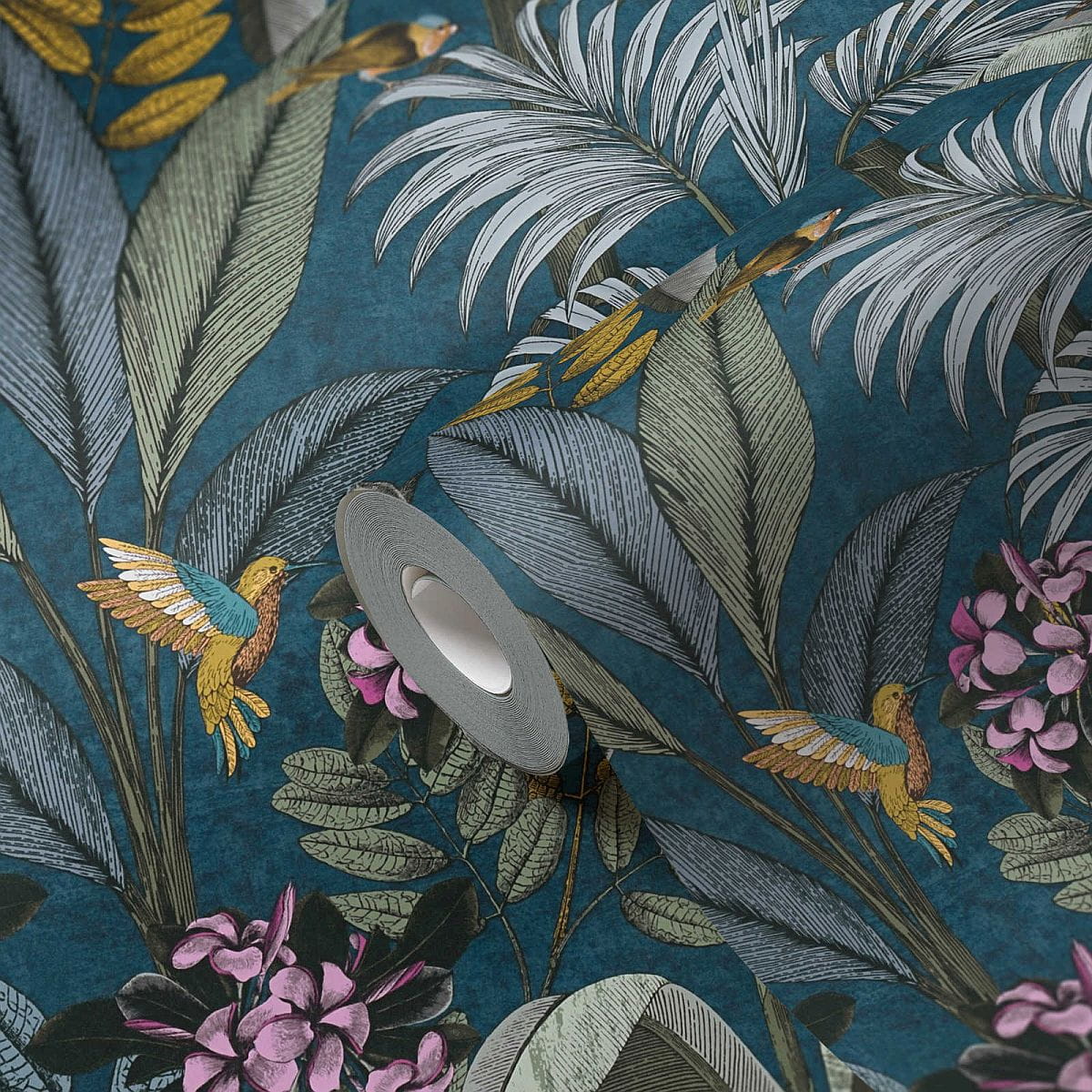 Pint Walls 38738-3 Tapeta ścienna AS, botanika, liście palmy, kwiaty, koliber