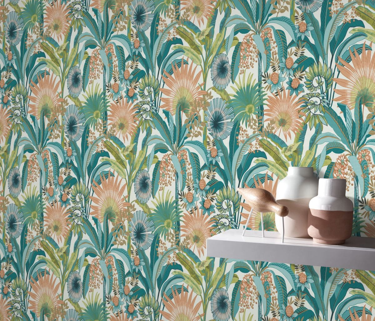 Martinique 10390-18 Tapeta ścienna Erismann Liście Kwiaty Turkus