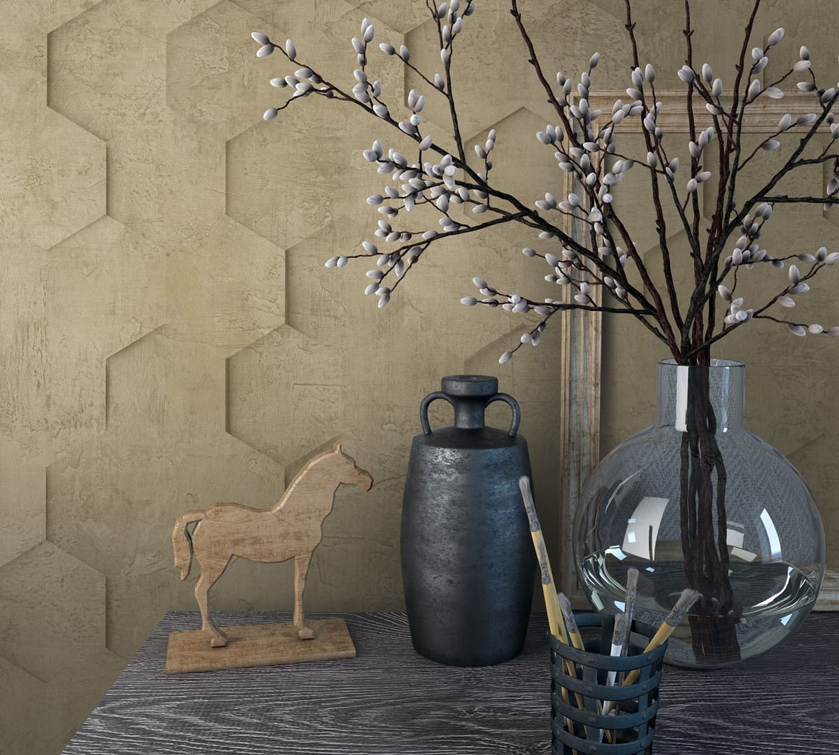 Beżowe hexagony 3D 34163 Marburg tapeta na ścianę