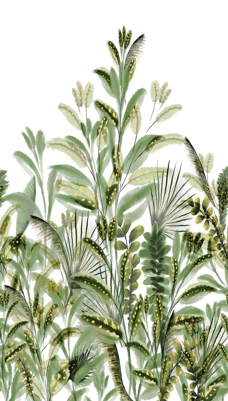 Tapeta ścienna Tropikalne Liście – zielono-złoty wzór botaniczny na białym tle | Styl urban jungle, nowoczesny Orom 2 - One roll One motif A59502 Tapeta ścienna Grandeco - MURAL