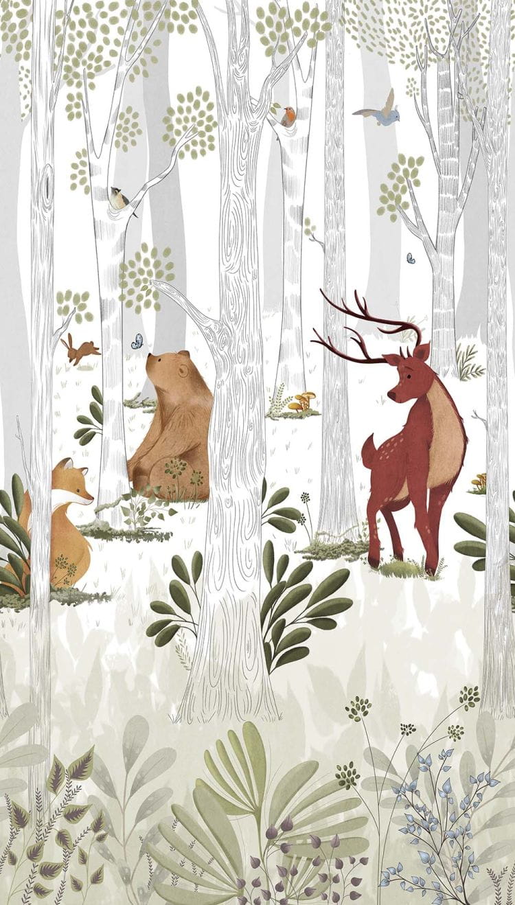 Tapeta ścienna A73301 Animal Kingdom – leśna kraina w łagodnej, ilustracyjnej formie