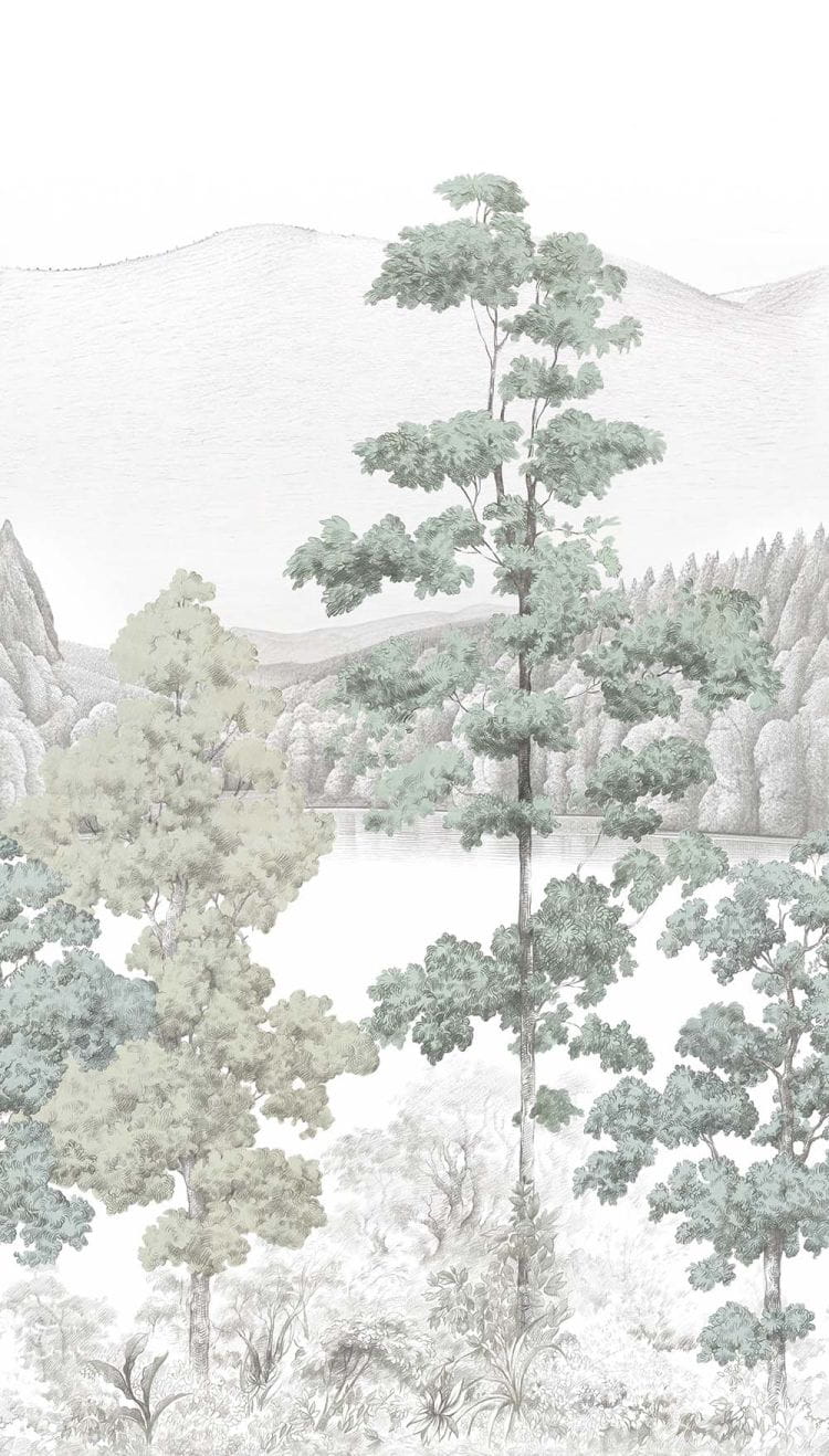 Tapeta ścienna Krajobraz z Drzewami – subtelny pejzaż natury w pastelowych zieleniach | Styl klasyczny, naturalny